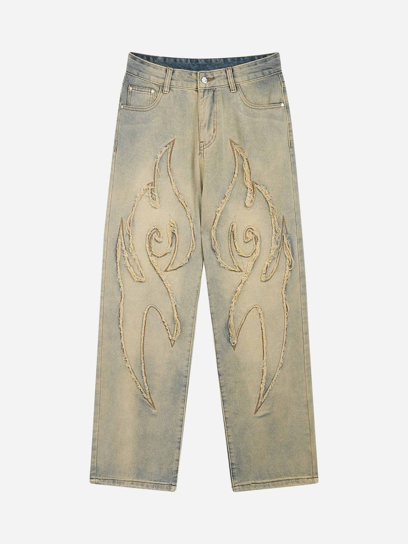 SOWHATON™ "STREET STAR" FIRE FRINGE LINES STRAIGHT JEANS