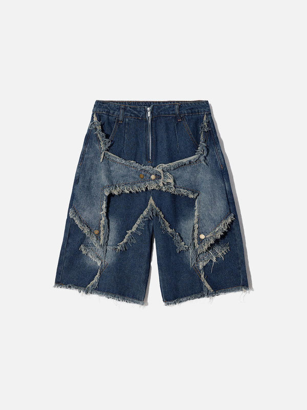 SOWHATON™ VINTAGE STARRY FRINGE HEM DENIM SHORT