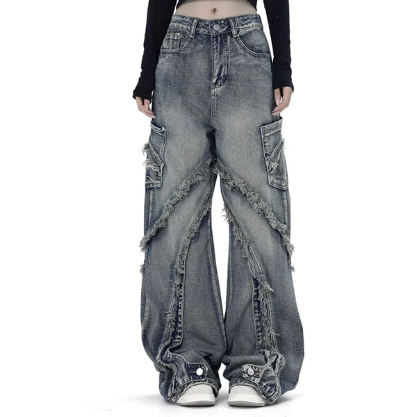 SOWHATON™ "STREET STAR" FRINGE BAGGY JEANS