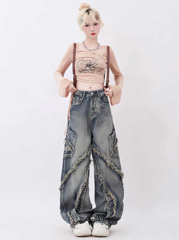 SOWHATON™ "STREET STAR" FRINGE BAGGY JEANS