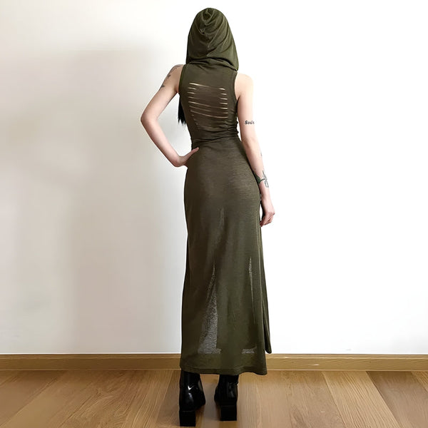 SOWHATON™ GOTH HOODED CUT OUT BACK MİDİ ELBİSE