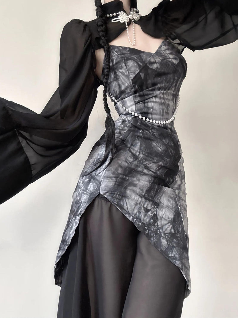 SOWHATON™ GOTH WIDE SLEEVE QIPAO MİDİ ELBİSE