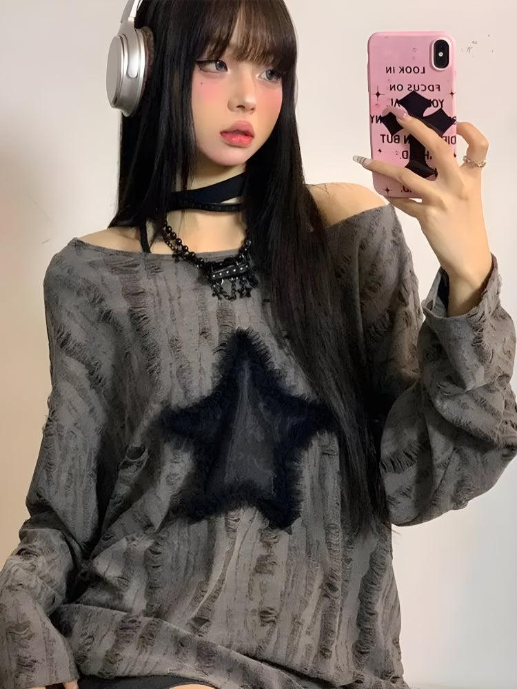 SOWHATON™ Y2K GRUNGE STAR DISTRESSED SWEATER