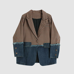 SOWHATON™ DENIM RED PLAID STITCHING BLAZER