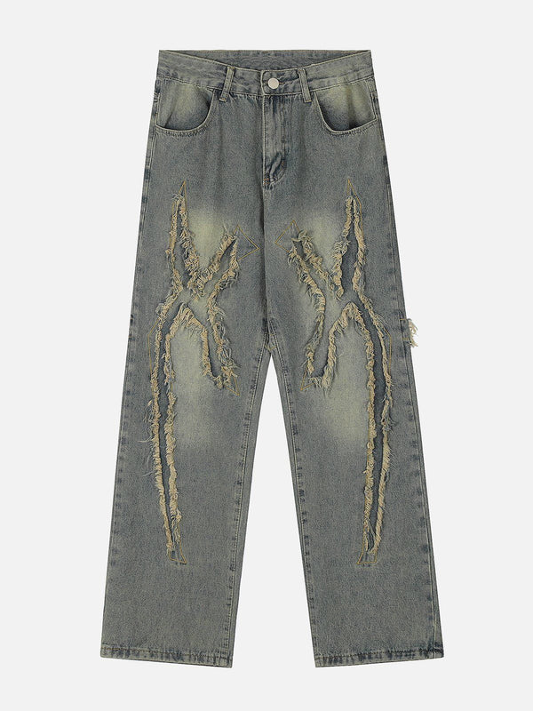 SOWHATON™ "X" WASHED FRINGE JEANS