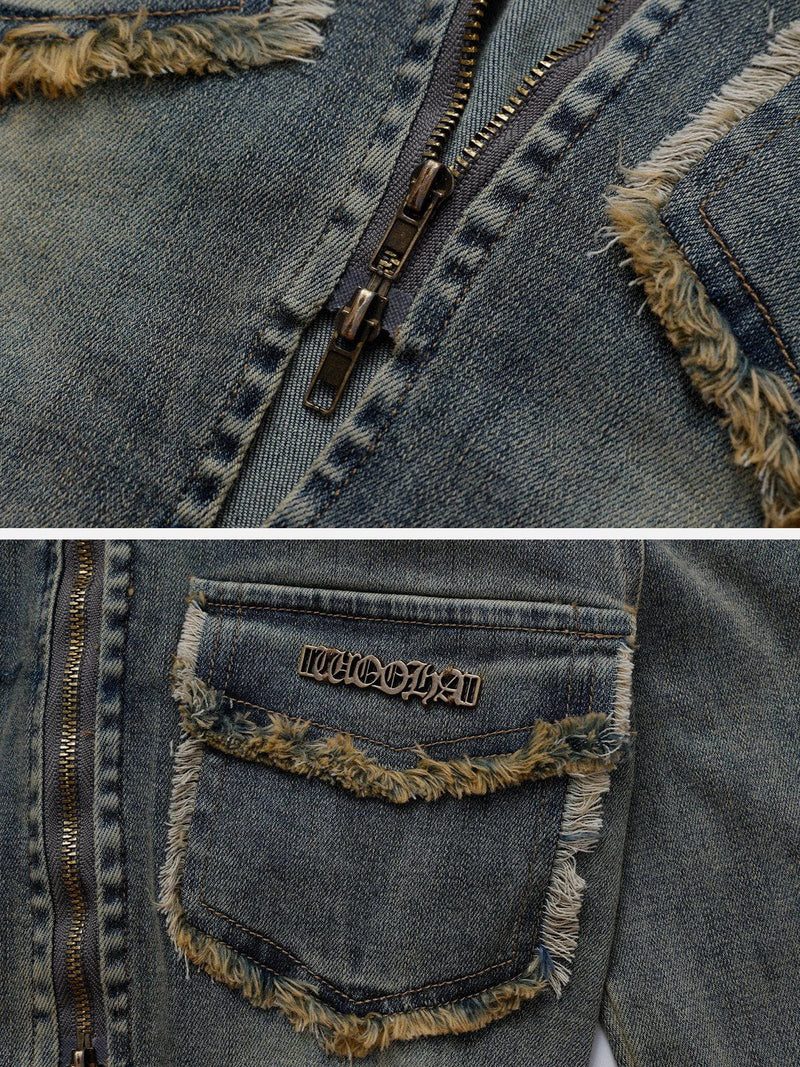 SOWHATON™ "STREET STAR" WASHED ZIP UP DENIM VINTAGE CEKET