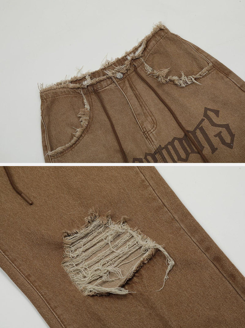 SOWHATON™ LETTER FRINGE LOOSE JEANS